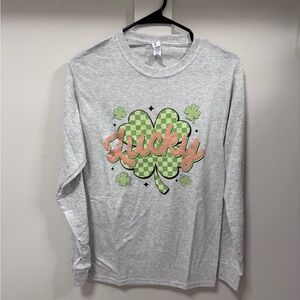 Jerzees Gray Tee with Checkered Clover and Pink Text